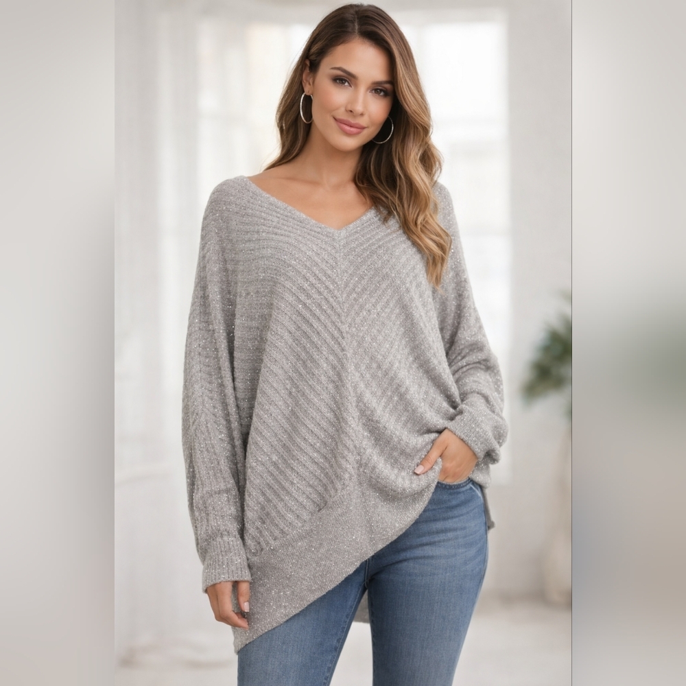 Jennifer Lopez Silver Metallic Glitter Sweater Women's Large Dolman Sleeve #1181